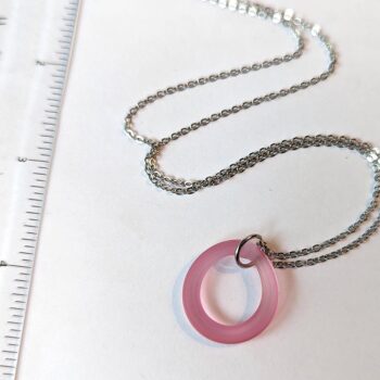 Silver Handmade Pink Frosted Glass Hoop Pendant Necklace - Image 2