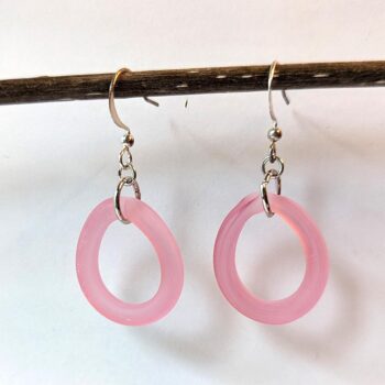 Silver Handmade Pink Frosted Glass Hoop Earrings - Image 4