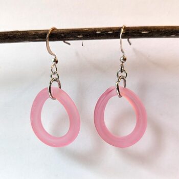 Silver Handmade Pink Frosted Glass Hoop Earrings