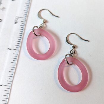 Silver Handmade Pink Frosted Glass Hoop Earrings - Image 3