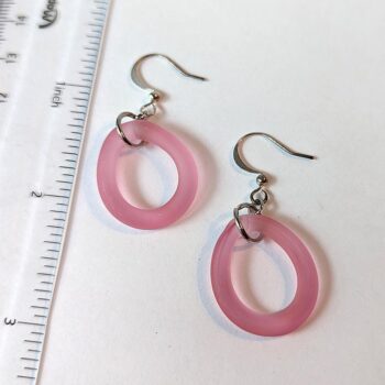 Silver Handmade Pink Frosted Glass Hoop Earrings - Image 2