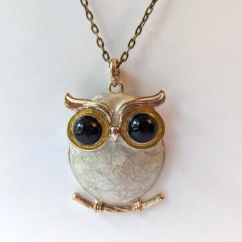 Antique Bronze White Owl Enamel Pendant Necklace - Image 3