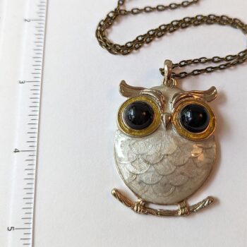 Antique Bronze White Owl Enamel Pendant Necklace - Image 2