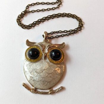 Antique Bronze White Owl Enamel Pendant Necklace