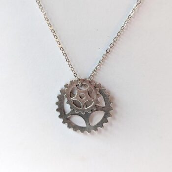 Antique Silver Duo Floating Steampunk Cogs Bits Charm Necklace - Image 2