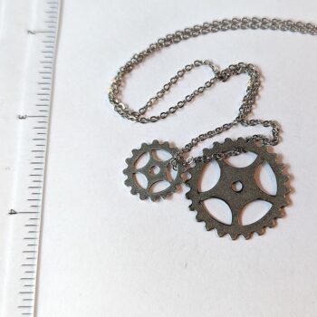 Antique Silver Duo Floating Steampunk Cogs Bits Charm Necklace - Image 3