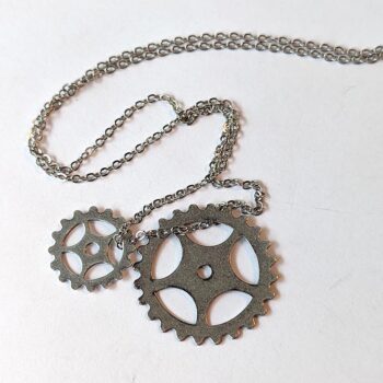 Antique Silver Duo Floating Steampunk Cogs Bits Charm Necklace