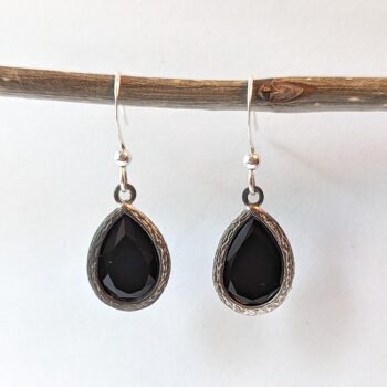 Antique Silver Black Teardrop Rhinestone Earrings