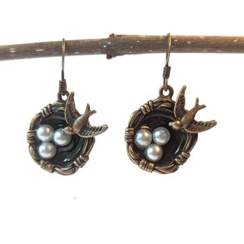 Antique Bronze Sparrow Bird Nest Eggs Earrings