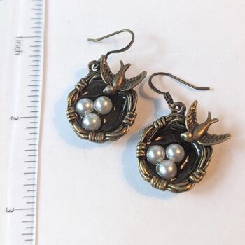 Antique Bronze Sparrow Bird Nest Eggs Earrings - Image 2