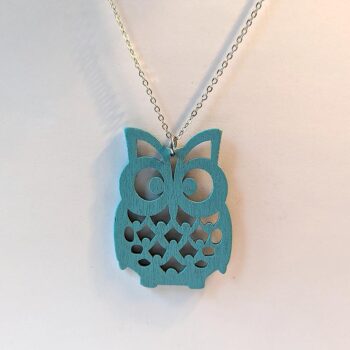 Large Blue Owl Laser Cut Wood Pendant Necklace