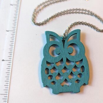 Large Blue Owl Laser Cut Wood Pendant Necklace - Image 2