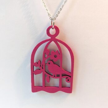 Large Hot Pink Bird in Cage Laser Cut Wood Pendant Necklace