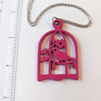 Large Hot Pink Bird in Cage Laser Cut Wood Pendant Necklace - Image 2