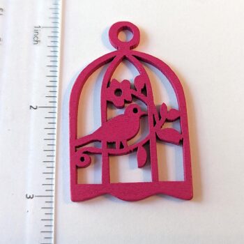 Large Hot Pink Bird in Cage Laser Cut Wood Pendant - Image 2