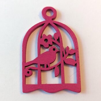 Large Hot Pink Bird in Cage Laser Cut Wood Pendant