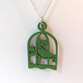 Large Green Bird in Cage Laser Cut Wood Pendant Necklace