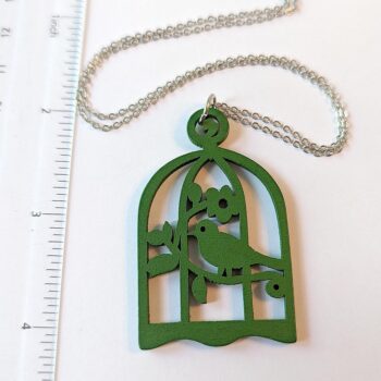 Large Green Bird in Cage Laser Cut Wood Pendant Necklace - Image 2