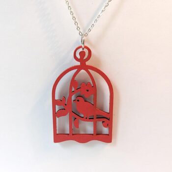 Large Red Bird in Cage Laser Cut Wood Pendant Necklace