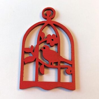 Large Red Bird in Cage Laser Cut Wood Pendant