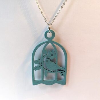 Large Blue Bird in Cage Laser Cut Wood Pendant Necklace