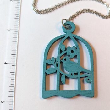 Large Blue Bird in Cage Laser Cut Wood Pendant Necklace - Image 2