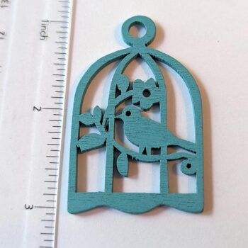 Large Blue Bird in Cage Laser Cut Wood Pendant - Image 2