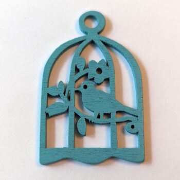 Large Blue Bird in Cage Laser Cut Wood Pendant