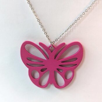 Large Pink Butterfly Laser Cut Wood Pendant Necklace