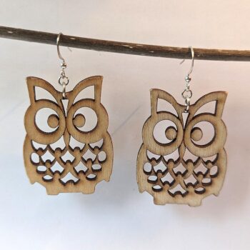 Large Natural Owl Laser Cut Wood Earrings