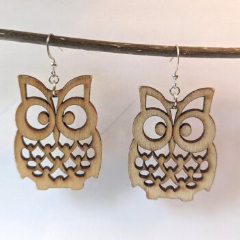 Large Natural Owl Laser Cut Wood Earrings - Image 3