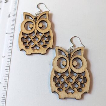 Large Natural Owl Laser Cut Wood Earrings - Image 2