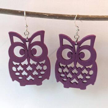 Large Purple Owl Laser Cut Wood Earrings