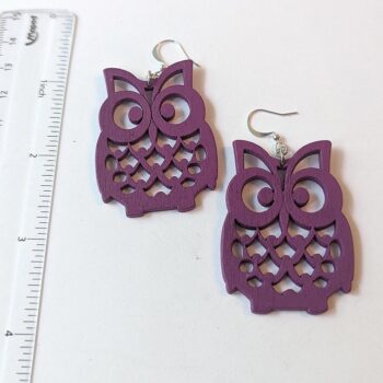 Large Purple Owl Laser Cut Wood Earrings - Image 2