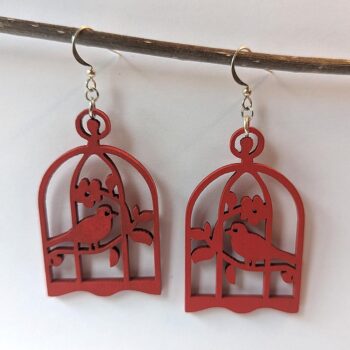 Large Red Bird in Cage Laser Cut Wood Earrings