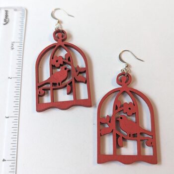 Large Red Bird in Cage Laser Cut Wood Earrings - Image 2