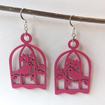 Large Hot Pink Bird in Cage Laser Cut Wood Earrings