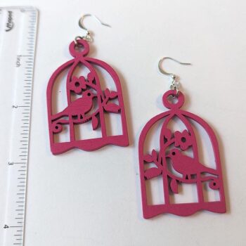 Large Hot Pink Bird in Cage Laser Cut Wood Earrings - Image 2