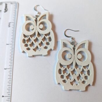 Large White Owl Laser Cut Wood Earrings - Image 2