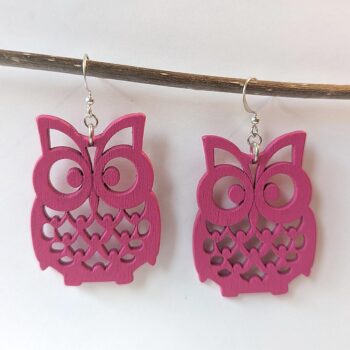 Large Pink Owl Laser Cut Wood Earrings