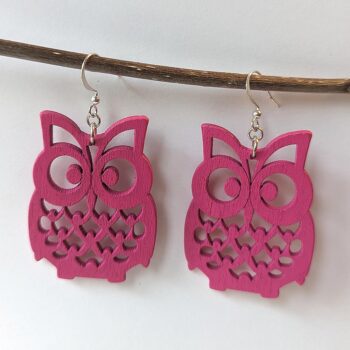 Large Pink Owl Laser Cut Wood Earrings - Image 3