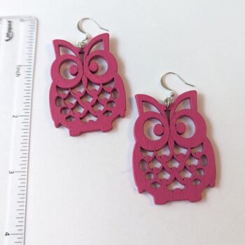 Large Pink Owl Laser Cut Wood Earrings - Image 2