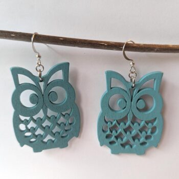 Large Blue Owl Laser Cut Wood Earrings - Image 3