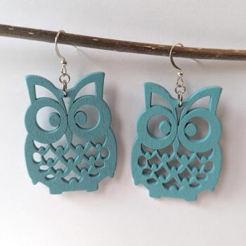 Large Blue Owl Laser Cut Wood Earrings