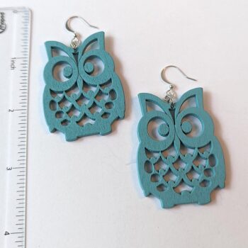 Large Blue Owl Laser Cut Wood Earrings - Image 2