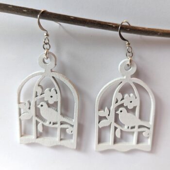 Large White Bird in Cage Laser Cut Wood Earrings