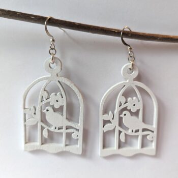 Large White Bird in Cage Laser Cut Wood Earrings - Image 4