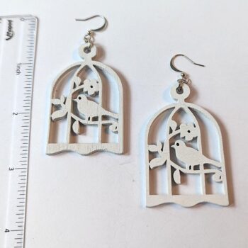 Large White Bird in Cage Laser Cut Wood Earrings - Image 3