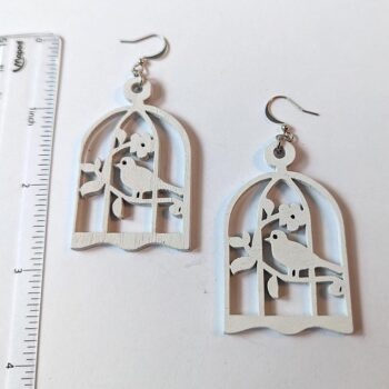 Large White Bird in Cage Laser Cut Wood Earrings - Image 2