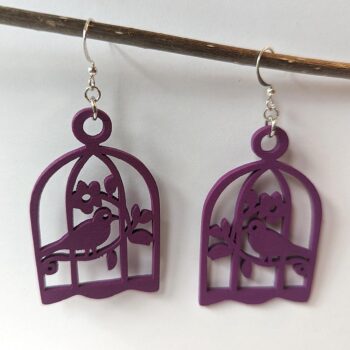 Large Purple Bird in Cage Laser Cut Wood Earrings